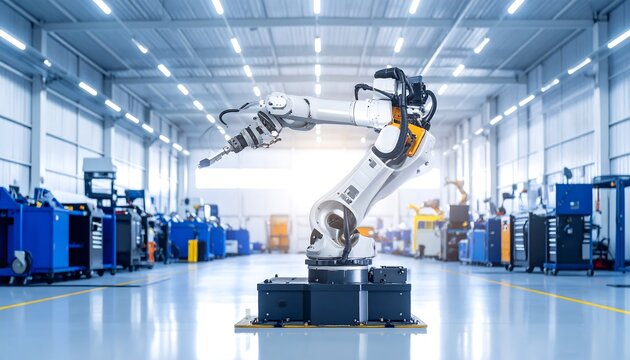 Industrial robot arm in a modern factory with machinery