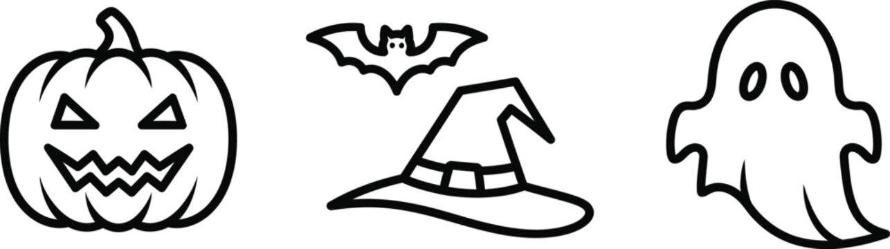 Spooky Halloween icons: carved pumpkin, witch hat, bat, and ghost.