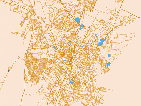 Street network map of Quetta, Pakistan, featuring minimal parchment-toned map with golden street network and sky-blue water areas
