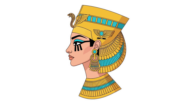 Detailed vector illustration of an ancient Egyptian regal figure in profile, adorned with a majestic royal headdress and traditional eye makeup, perfect for historical and cultural designs