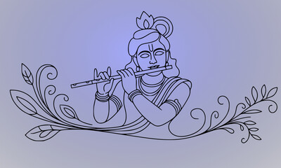 Obraz premium Elegant line art illustration of Lord Krishna playing the flute with decorative floral motifs on lavender background, perfect for Hindu religious, spiritual, and festive themed design projects
