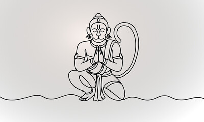 Obraz premium Continuous line art drawing of Lord Hanuman in prayer pose, minimalist Hindu god illustration perfect for spiritual, religious, and cultural design projects