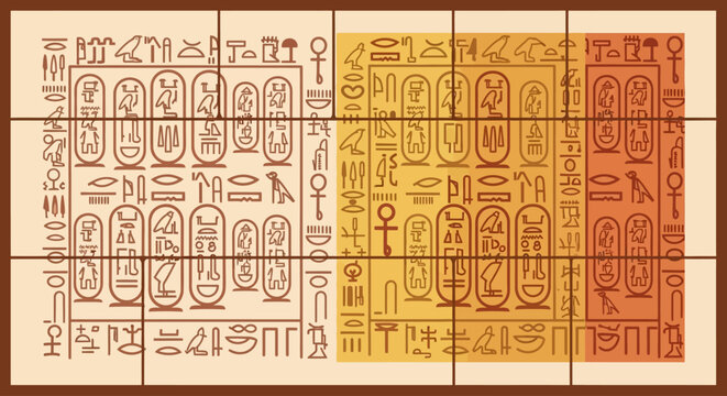 Vibrant vector illustration of an ancient Egyptian hieroglyphic wall, filled with intricate symbols and antique calligraphy. A historical cultural pattern for decorative artistic backgrounds