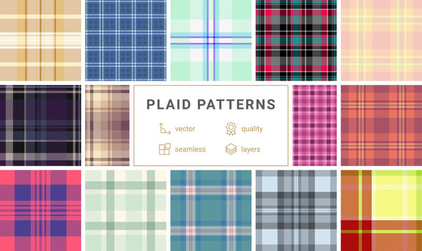 Plaid collection optimized for spring interiors and decor. The pack works for throws, pillows, table runners, and light upholstery. Vector artwork handles production sizes.