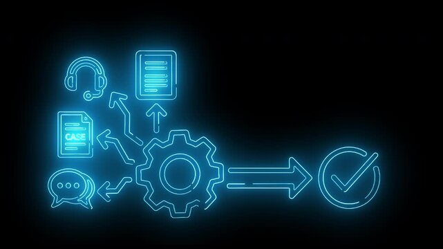 Neon blue glowing icon of a magnifying glass surrounded by connected text boxes and a checkmark on a black background with a futuristic and technological mood.