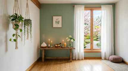 Fototapeta premium Cozy Meditation Room Interior with Spring Zoom Background and Blooming Garden View