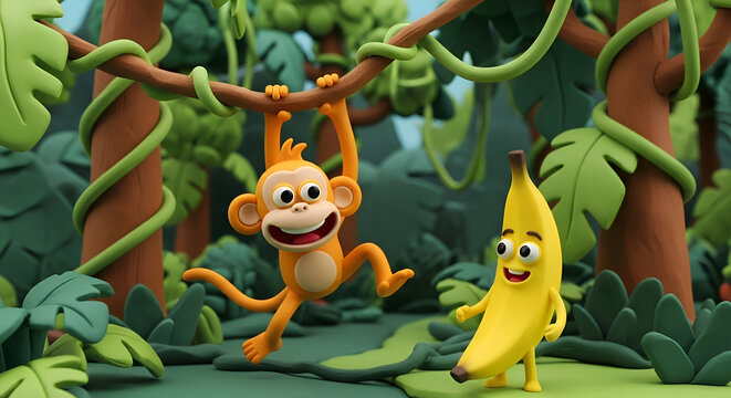 Joyful monkey swinging through lush jungle vines with a happy banana friend nearby, bringing playful adventure to animated scenes