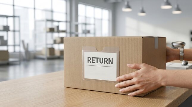 Customer returning an item by placing clothes into a cardboard box with a return label