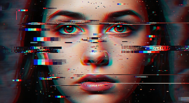 Distorted digital portrait of a young woman with intense glitch effects and colorful noise