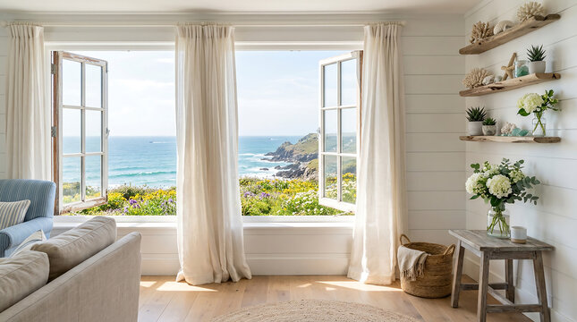 Coastal Living Room with Ocean View, Perfect Spring Zoom Background