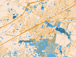 Fototapeta premium Urban map poster of Pruszkow, Poland – gold and blue map palette