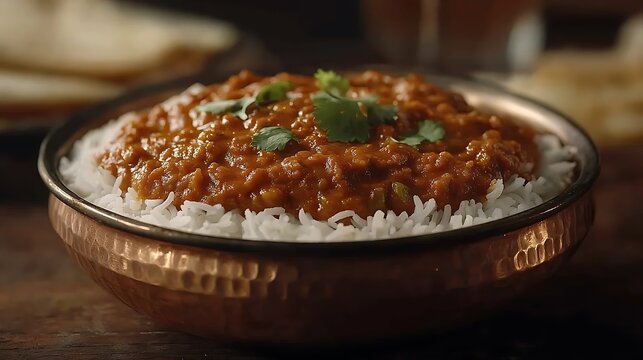 Delicious Indian Dal Makhani served with fluffy white rice in a traditional copper bowl.