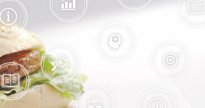 Sesame bun entering, moving right, growing, frame tightening, UI icons pulsing for food marketing
