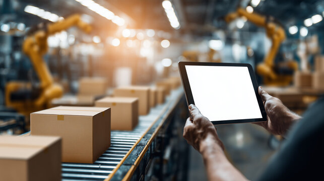 Hand holding tablet with blank screen in automated factory line, robots and boxes, representing smart manufacturing, logistics technology, and industrial automation.