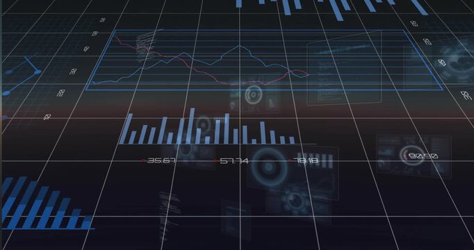 Sliding camera revealing blue 3D analytics plane showing data with doughnut, pies, bars, lines, HUD