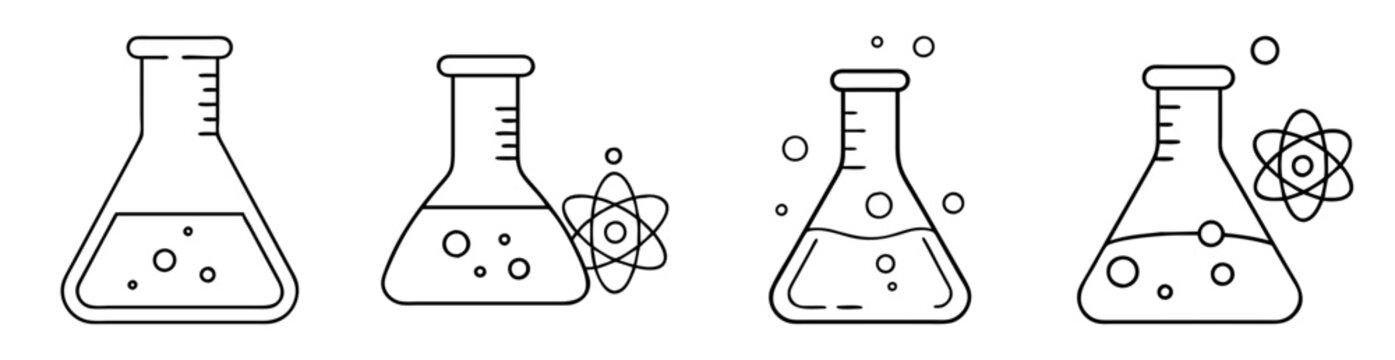 Four Erlenmeyer Flasks Filled with Bubbling Liquid and Showing Atomic Structure