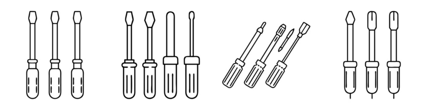 Black and white outlines of multiple types of screwdrivers in sets