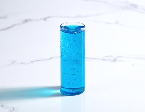 Refreshing blue drink with bubbles in a sleek tall glass on white marble. Minimalist still life capturing purity and vitality. Ideal for menus, health ads, and creative social media content.