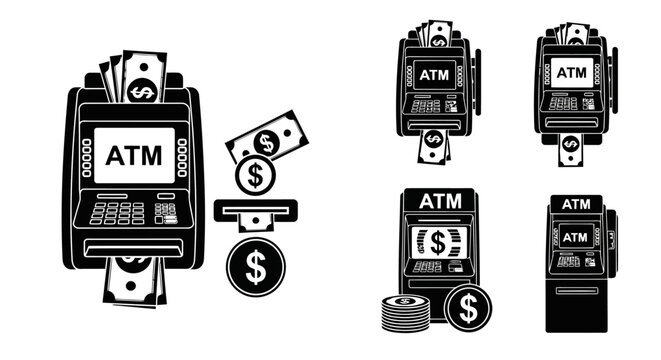 A collection of black and white icons representing automated teller machines and banking cash flow