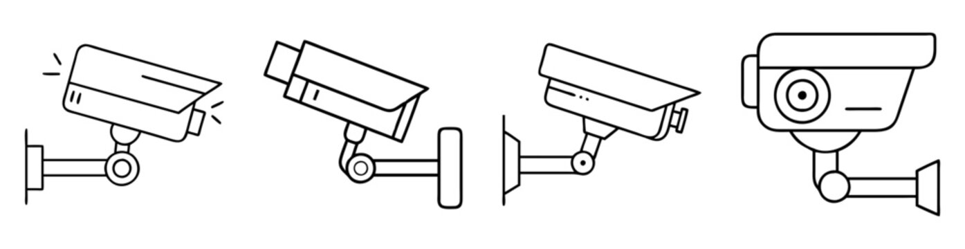 Black and white line art depicting security cameras in various styles
