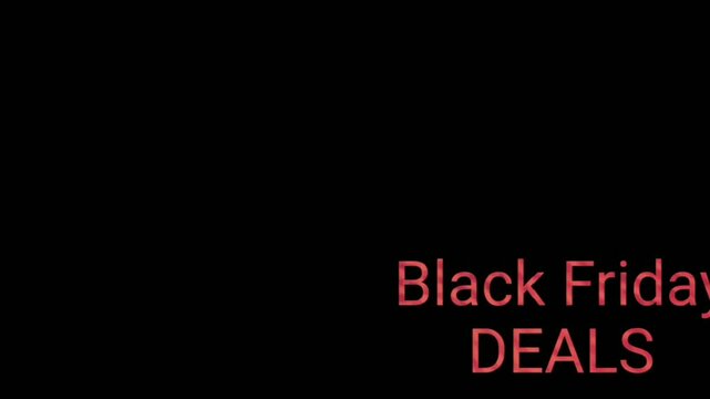 Animated text Black Friday DEALS in glowing neon pink against a solid black background. This file can be used as a title card, sales announcement, or social media promotion.