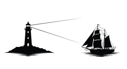 Lighthouse beam guides a sailing ship across the dark water silhouette © MDSAJIB