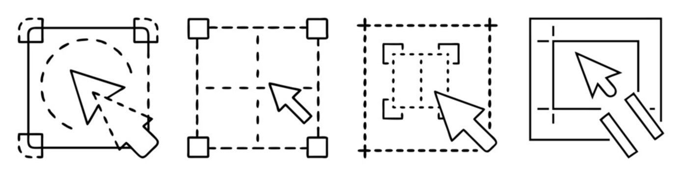 Four illustrations of selection and resizing concepts using a mouse pointer