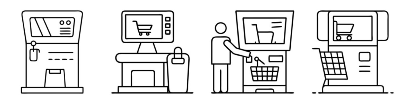 Four illustrations of self checkout systems for stores in monochrome
