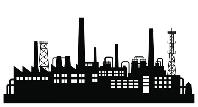 Industrial cityscape featuring factories smokestacks and towers a silhouette
