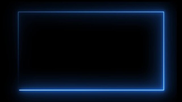 A glowing blue neon line traces itself into a rectangular frame, illuminating the edges of a dark backdrop