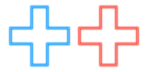 Obraz premium Blue and Red Neon Glowing Plus Sign Icons or Cross Symbols for Health Medical and Digital Interface Addition UI Design Elements