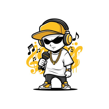 Cool Cartoon Rapper Character with Headphones and Microphone.