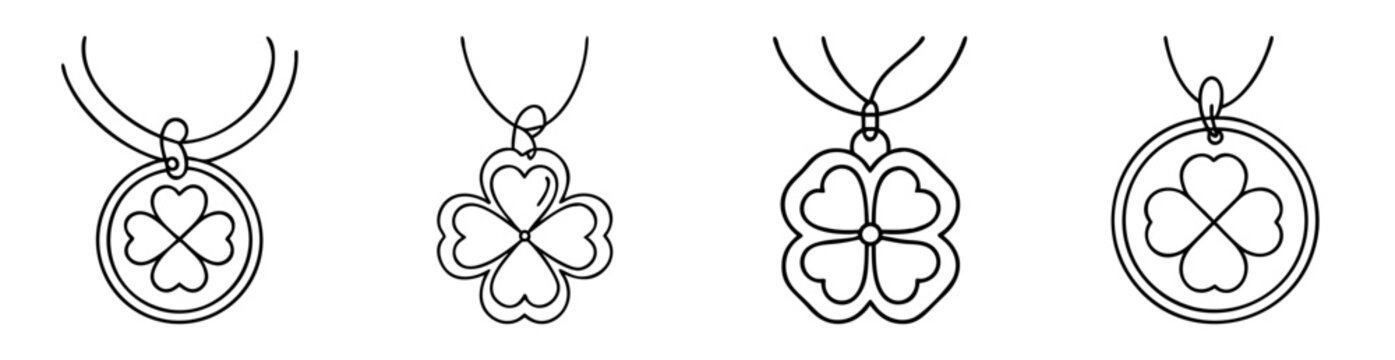Four leaf clover necklaces with circular and petal shaped pendants, black line art