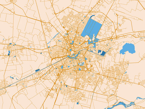 Street network map of Timisoara, Romania, featuring warm neutral map design featuring golden roads, pale cream land and bright blue water accents