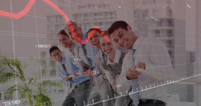 Graph appearing, leaning six team in suits, tracking sales at mezzanine with glass railing and grid