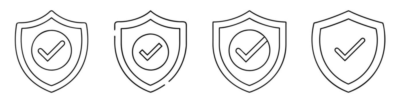 Various shield icons with check mark inside, line art style