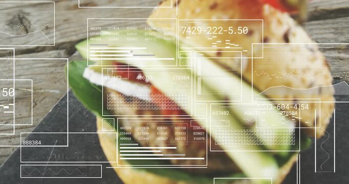 Camera racking focus out, food slider revealing cucumber and pepper while HUD receding for menu