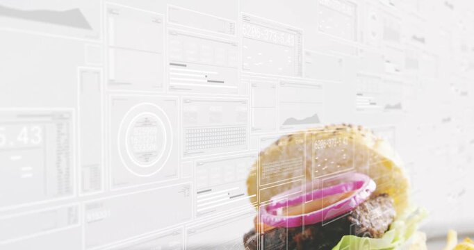 Camera panning, revealing burger and fries on counter, HUD overlays showcasing menu