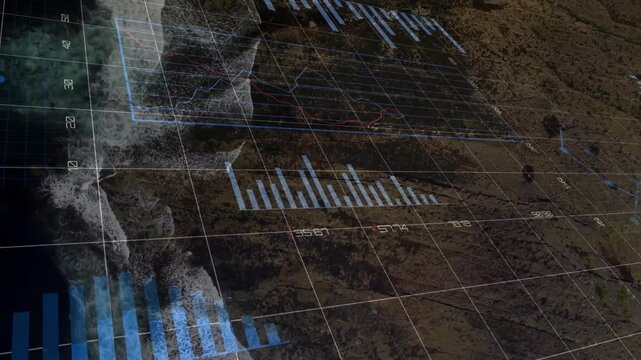 Geospatial HUD over coast, receiving data feed and animating bars, pies, ring for mapping