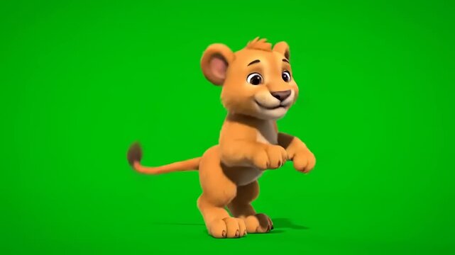 Cute cartoon lion cub playfully posing on a green screen background, perfect for animation projects and children's content