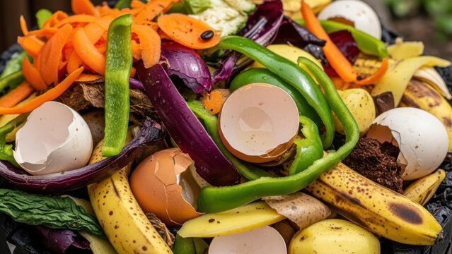 Close-up of compost pile with various organic food waste.