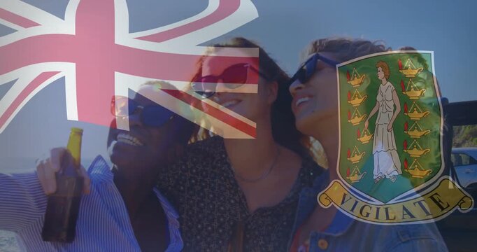 Heads leaning, trio pulling closer, raising bottle and posing under UK flag, VIGILATE crest travel
