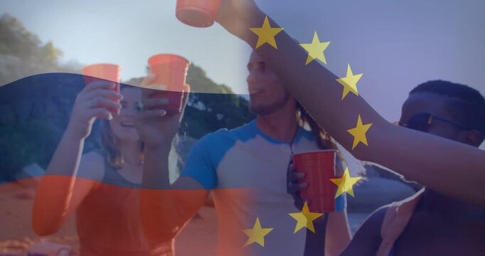 Vertical video: Raising five pals clinking red cups toasting at beach with flag overlay, bikini