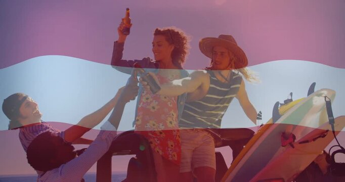 Women in floral dress and wide hat clinking bottles at beach truck, men offering, surfboard overlay
