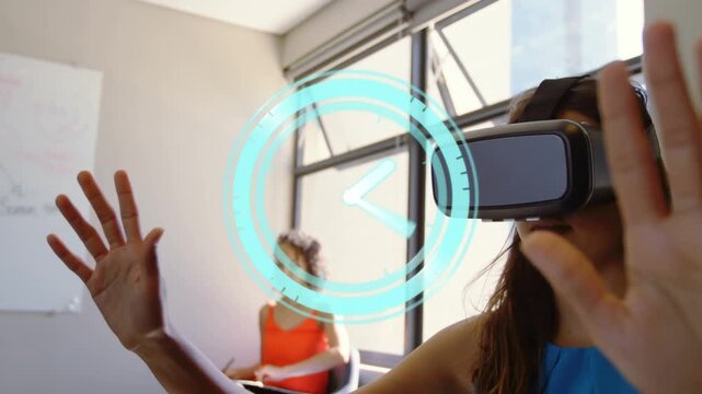Reaching woman VR-headset using cyan-HUD in lit office, observer orange-dress holding notebook-pen