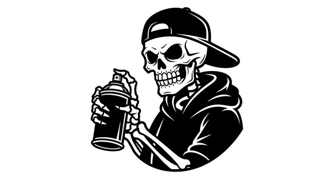 Skeleton Graffiti Artist Mascot in Hoodie and Cap Holding Spray Paint Can Urban Street Art Vector Illustration