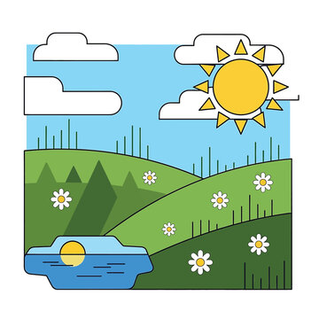 A serene cartoon landscape with rolling hills, flowers, and a sunny sky