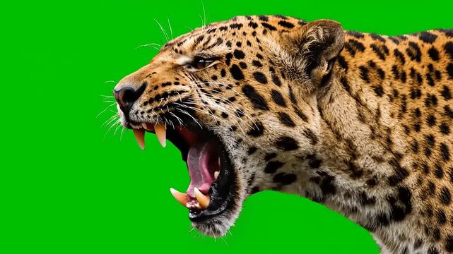 Close-up of a fierce leopard roaring with its mouth open and teeth exposed, isolated on a green screen background