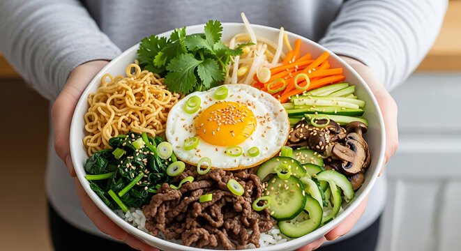 A vibrant bibimbap dish presented in a white bowl on transparent background
