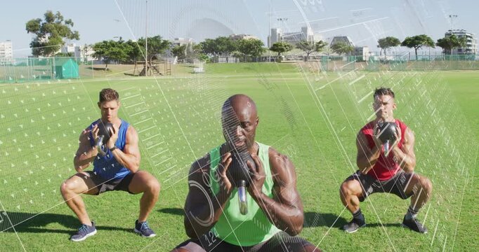 Center male leading kettlebell goblet squats, side pair following, HUD marking form for fitness